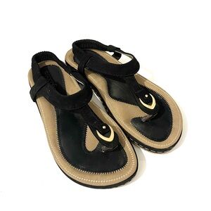 Socofy Black & Gold Thong Slingback Sandals Women’s Comfort Boho Strappy Size 7
